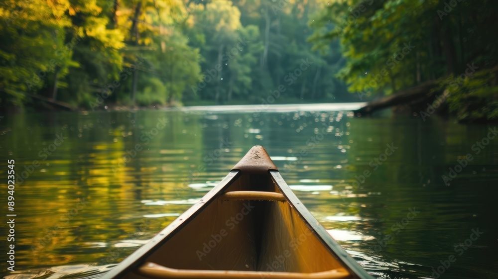 Fototapeta premium Canoe glides through serene forest river surrounded by trees