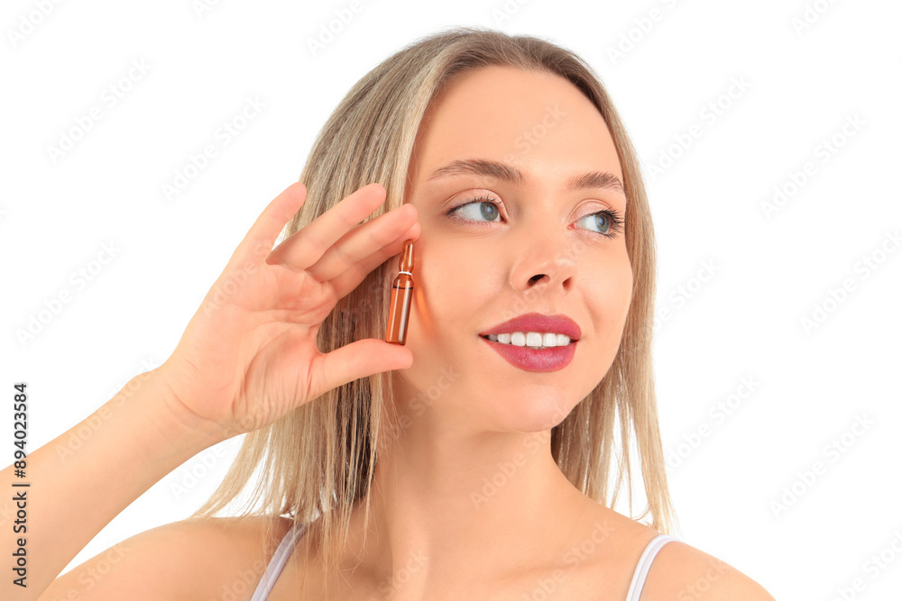 Beautiful young woman holding ampule on white background. Skin care concept Beautiful young woman holding ampule on white background. Skin care concept