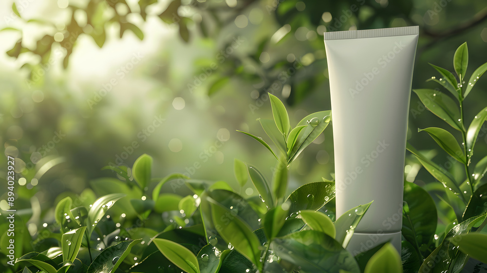 A close-up of cosmetic tube , surrounded by fresh green tea leaves. A close-up of cosmetic tube , surrounded by fresh green tea leaves.