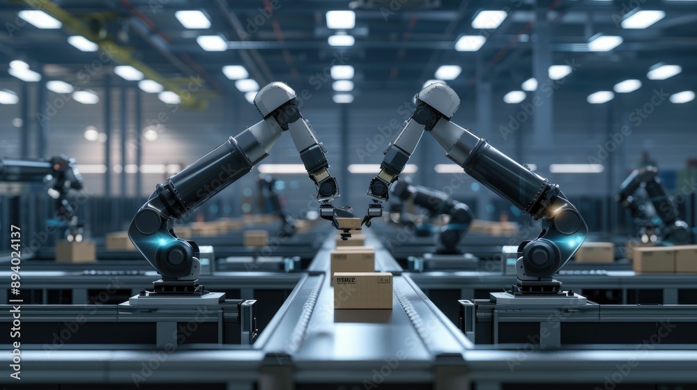 High-tech robotic arms sorting packages in a modern storage facility