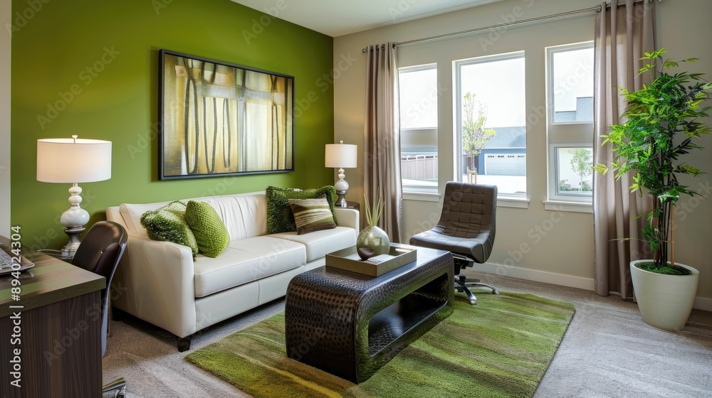 Home office with green accent wall and ergonomic furniture Home office with green accent wall and ergonomic furniture