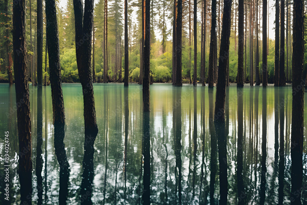 Forest Lake with Trees and Water Drops Forest Lake with Trees and Water Drops