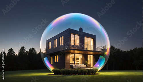 conceptual representation of a beautiful house or property wrapped in a bubble as a wish or dream to finance and own a home by credit or equity, risks of the real estate crisis photo