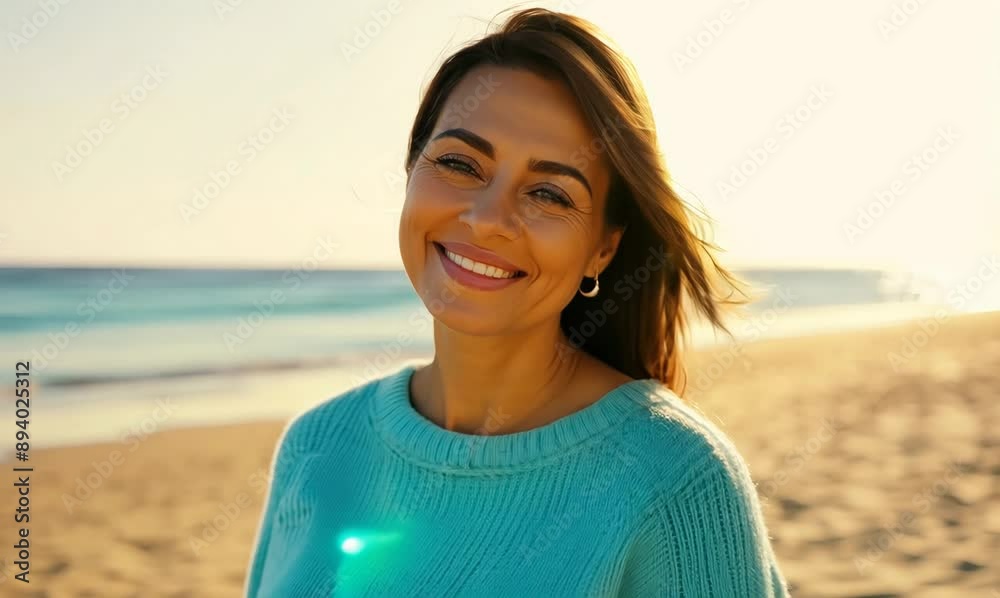 Serene smile of a 40-year-old woman in light colors and sky blue sweater on the beach