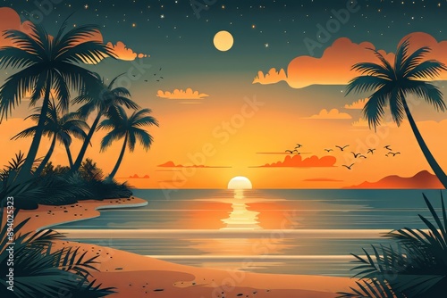 Tropical beach with palm trees at sunset background illustration in cartoon style, vacation travel concept poster background landscape