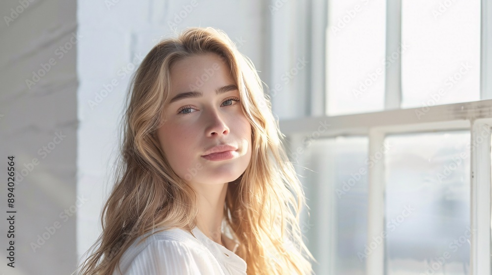Young woman looking away, window light. Young woman looking away, window light.