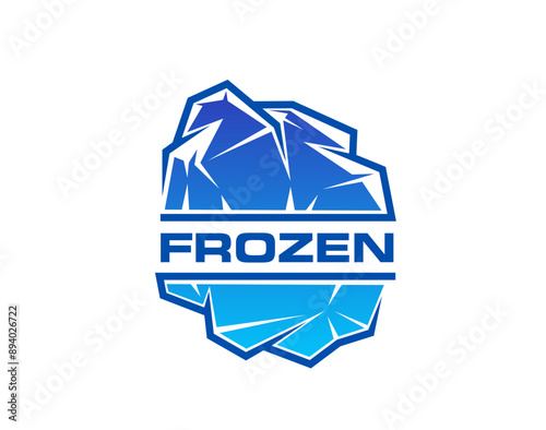 Frozen product icon with blue iceberg or ice crystal. Isolated vector label or badge for refrigerated food production or frosty cold preservation items. Sticker or frost symbol for packages branding