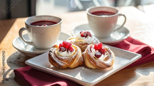 Wallpaper Mural Three Danish cherry pastries three hot drink glasses and three red napkins on a white plate Torontodigital.ca