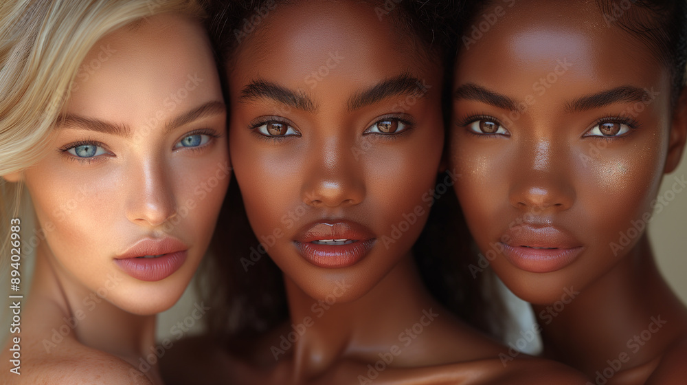 Close-up of diverse beautiful young women with perfect skin, beauty and diversity, skincare, female portrait, glowing skin, diverse models, makeup, natural beauty. Close-up of diverse beautiful young women with perfect skin, beauty and diversity, skincare, female portrait, glowing skin, diverse models, makeup, natural beauty.
