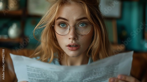  Shocked young woman reading a document isolated on blue background with copy space 