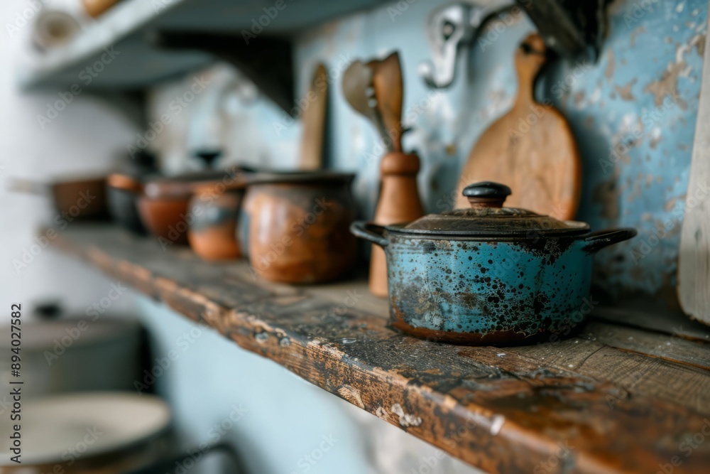 A rustic shelf adorned with various antique pots, showcasing vintage kitchenware in warm, inviting tones. A rustic shelf adorned with various antique pots, showcasing vintage kitchenware in warm, inviting tones.