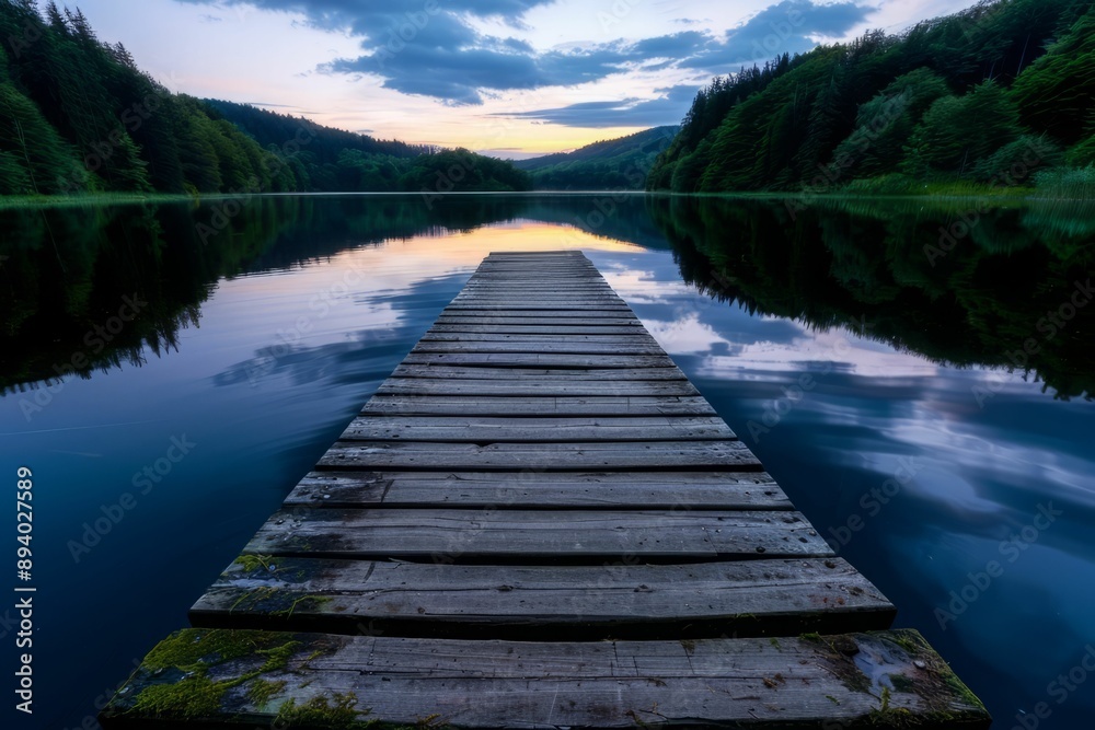 Naklejka premium A serene wooden dock extending into calm waters at sunset, reflecting the vibrant sky and lush greenery around, inviting tranquility.