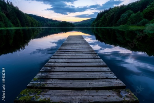 A serene wooden dock extending into calm waters at sunset, reflecting the vibrant sky and lush greenery around, inviting tranquility.