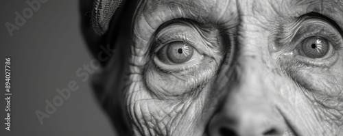 Close-up of an elderly person's face highlighting expressive eyes and textured skin, conveying deep emotions and wisdom.