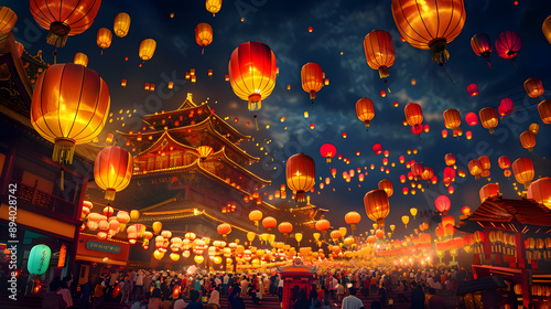 A large group of people are gathered in a city, with many lanterns in the air. The lanterns are of different sizes and colors, creating a festive atmosphere. The people are standing around