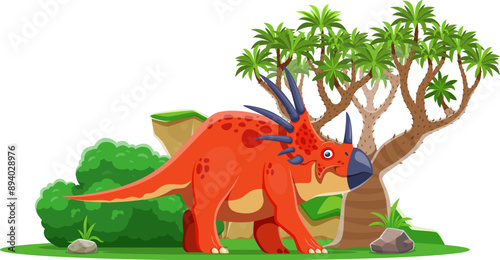 Cartoon prehistoric styracosaurus dinosaur character. Isolated vector triceratops-like dino with red spotted skin and horns, stands at lush Jurassic era landscape with tree, rocks and green bushes