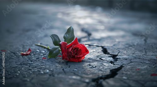 A red rose is laying on the ground in front of a crack in the pavement. Concept of sadness and loss, as the rose has fallen and is now lying on the ground