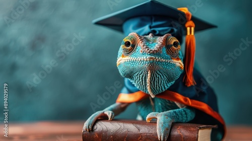 A charming chameleon wearing a graduation cap, sitting on a book, symbolizing knowledge and achievement in a whimsical manner.