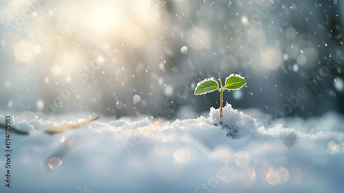 A small plant is growing in the snow. Concept of hope and resilience, as the plant continues to grow despite the harsh winter conditions