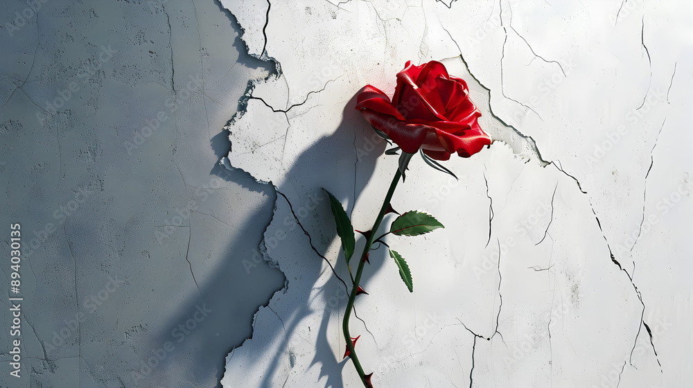 A red rose is growing out of a crack in a wall. The rose is surrounded ...