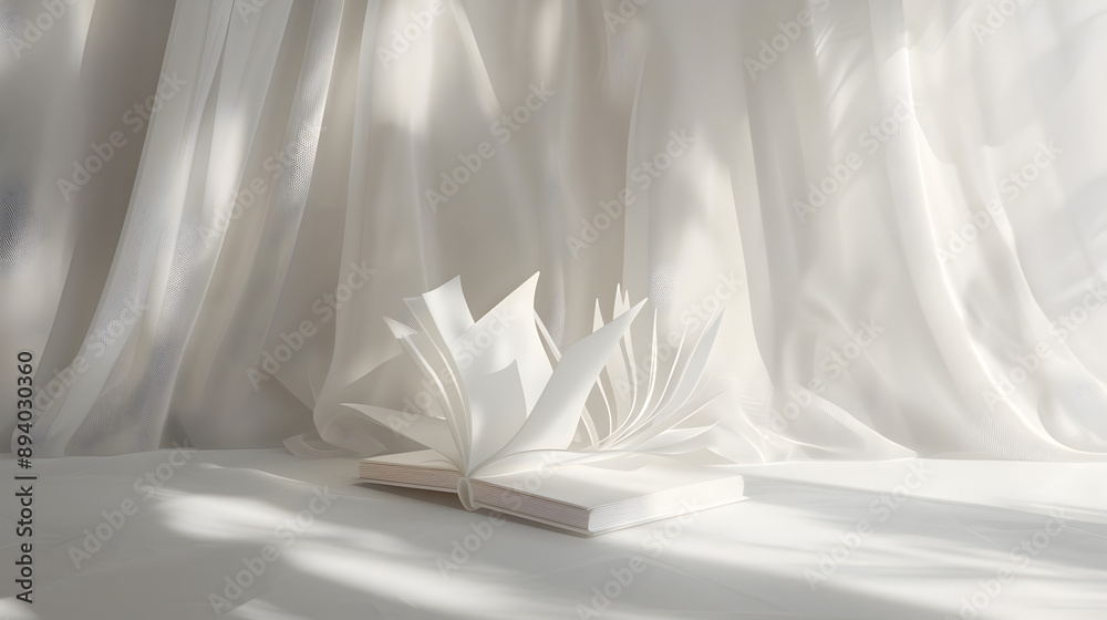A white book is open to a page with a bird on it A white book is open to a page with a bird on it
