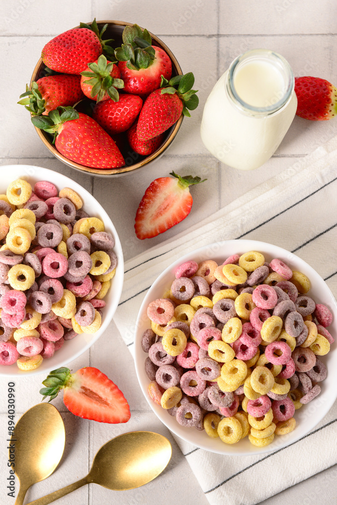 Bowls with colorful sweet cereal rings, strawberries and bottle of milk on white tile table Bowls with colorful sweet cereal rings, strawberries and bottle of milk on white tile table