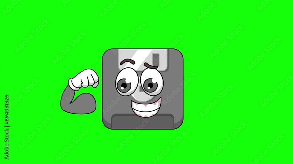 Flexing muscle of floppy disk cartoon, strong pose mascot animation on a green screen Flexing muscle of floppy disk cartoon, strong pose mascot animation on a green screen