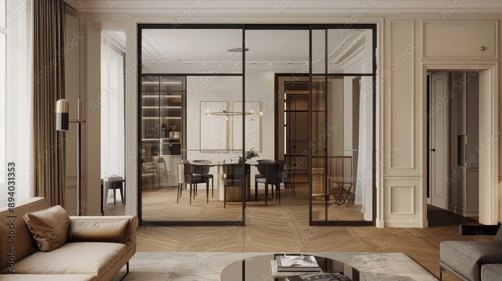 Vintage glass door and wood parquet in a chic open-plan interior