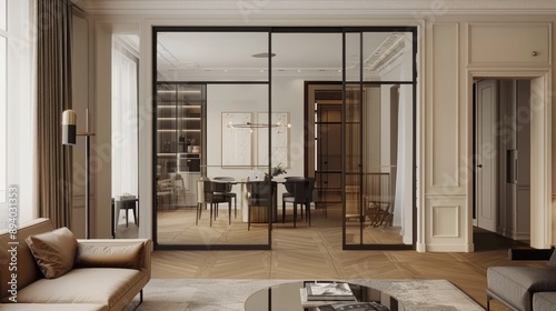 Obraz na płótnie Vintage glass door and wood parquet in a chic open-plan interior w salonie