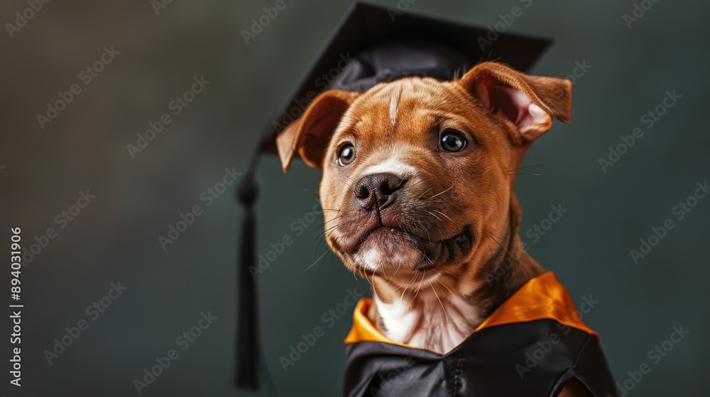 A cute puppy in a graduation cap and gown, celebrating academic achievement with a proud expression. A cute puppy in a graduation cap and gown, celebrating academic achievement with a proud expression.