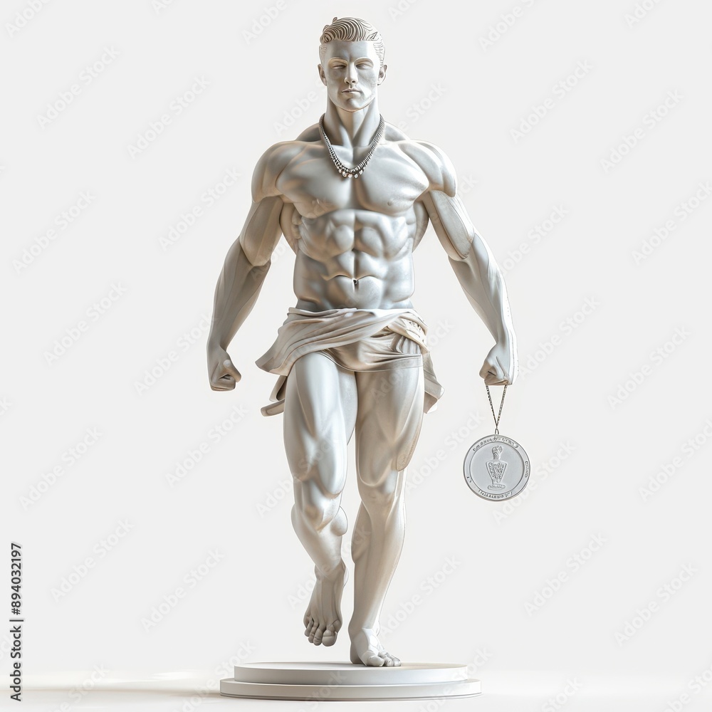 A stunning white statue of a muscular athlete showcasing strength and determination, holding a medal with pride , isolated on white background A stunning white statue of a muscular athlete showcasing strength and determination, holding a medal with pride , isolated on white background