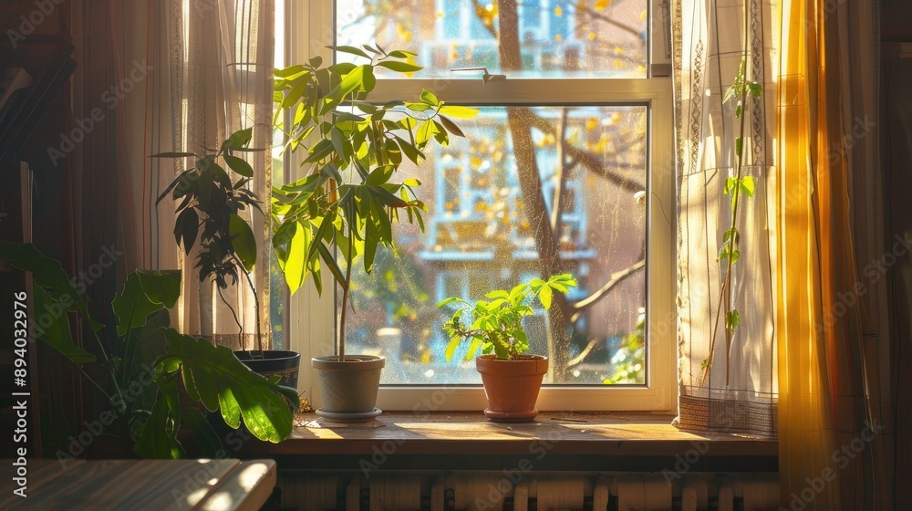 Window with curtain houseplant cozy interior natural light indoor tree two pots Window with curtain houseplant cozy interior natural light indoor tree two pots