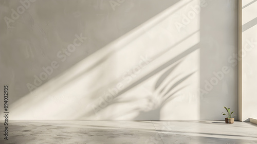 A white room with a plant in a pot. The plant is in the corner of the room and is casting a shadow on the wall. The room is empty and has a minimalist feel to it