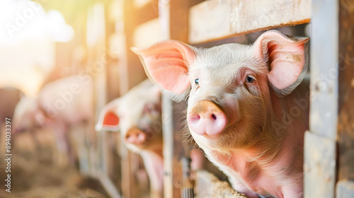 Adorable close up portrait of a curious pink piglet peeking through the wooden slats of a pen in a rural farm setting  The pig has a distinctive snout and ears