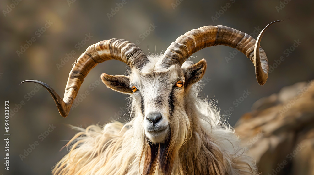 Majestic Markhor Goat with Stunning Spiral Horns Perched on Rocky Mountainside  This rare and impressive wild goat species is native to the mountainous regions of Central Asia