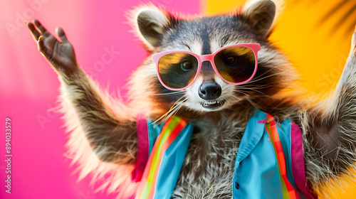 Playful raccoon wearing trendy sunglasses and a colorful fashionable outfit dances with energy against a vibrant and abstract background evoking a sense of joy humor and whimsical charm
