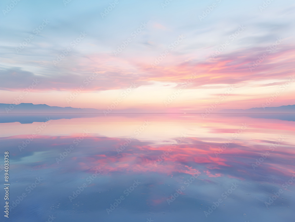 Fototapeta premium A beautiful sunset over a calm lake with a pink and orange sky. The sky is filled with clouds, and the water is reflecting the colors of the sky. The scene is serene and peaceful