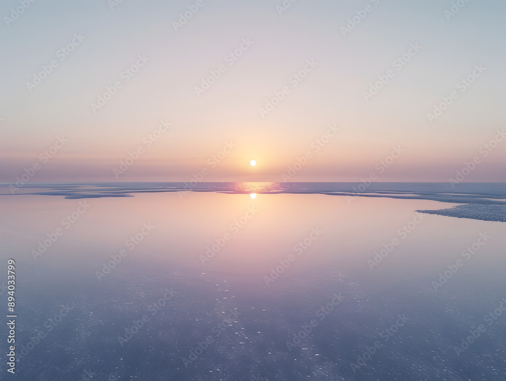 Fototapeta premium A beautiful sunset over a calm ocean. The sky is a mix of pink and blue hues, creating a serene and peaceful atmosphere. The water is still, reflecting the colors of the sky and the sun