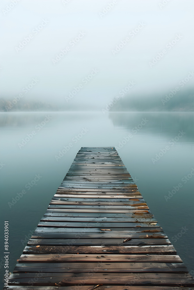 Obraz premium A wooden bridge spans a body of water, with a foggy sky above. The scene is serene and peaceful, with the water reflecting the sky and the bridge