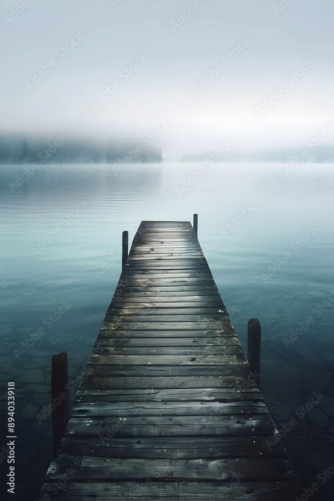 Fototapeta premium A wooden pier is in front of a body of water. The water is calm and the sky is cloudy