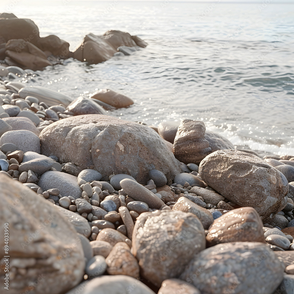 A rocky beach with a large rock in the foreground. The beach is calm and peaceful, with the water gently lapping at the shore. The rocks are scattered throughout the beach A rocky beach with a large rock in the foreground. The beach is calm and peaceful, with the water gently lapping at the shore. The rocks are scattered throughout the beach
