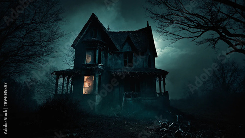 A terrifying atmosphere in a sinister house on a dark night, 16:9, 300 dpi, with space for text