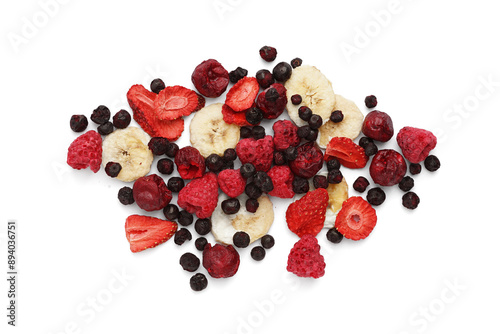 Fototapeta Naklejka Na Ścianę i Meble -  Heap of different freeze-dried fruits on white background