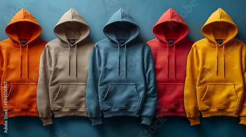  Several hoodies spread on colorful background  photo