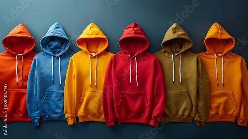  Several hoodies spread on colorful background  photo