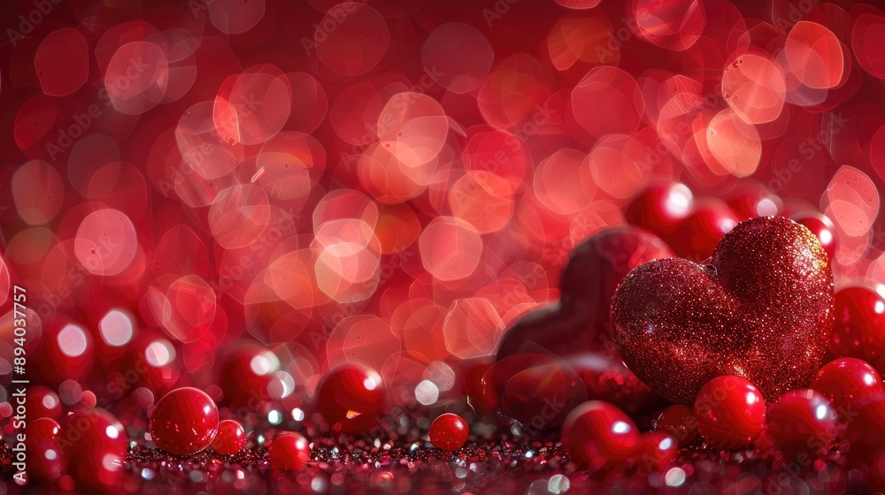 Romantic backdrop Heart shaped red beads amidst glitter and bokeh Romantic backdrop Heart shaped red beads amidst glitter and bokeh