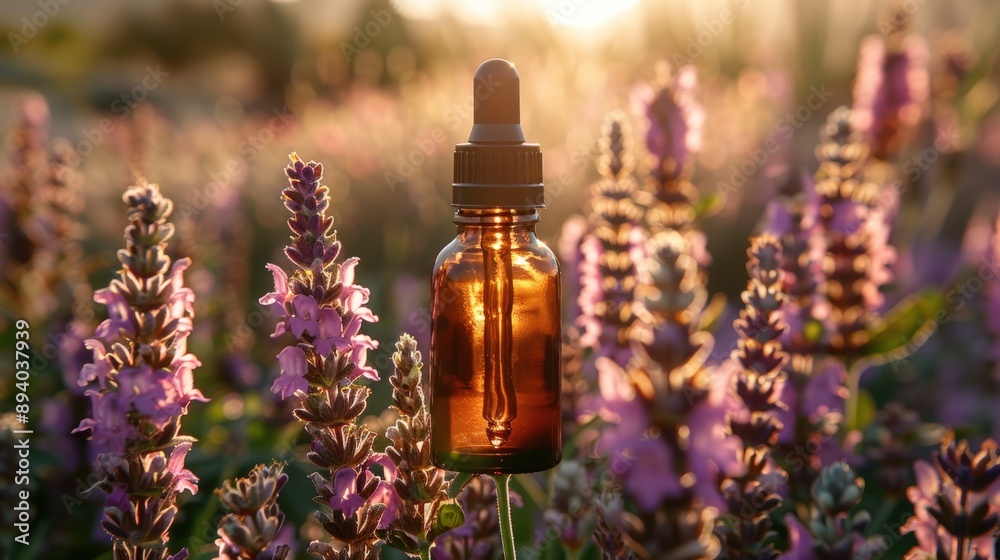 A bottle of essential oil with purple flowers and green plants in the background. A bottle of essential oil with purple flowers and green plants in the background.