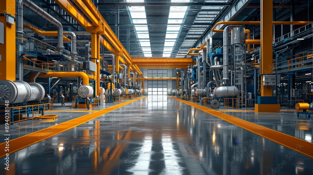 Fototapeta premium Modern Industrial Plant: Workers Following Safety Protocols in Bright Digital Environment