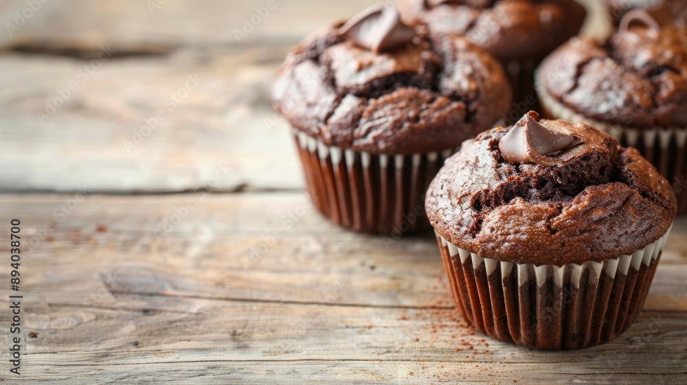 Selective focus on chocolate muffins on white rustic wooden table with copy space Selective focus on chocolate muffins on white rustic wooden table with copy space