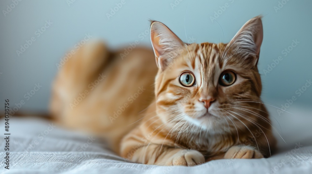 A cat with a yellow face is sitting on a white background.